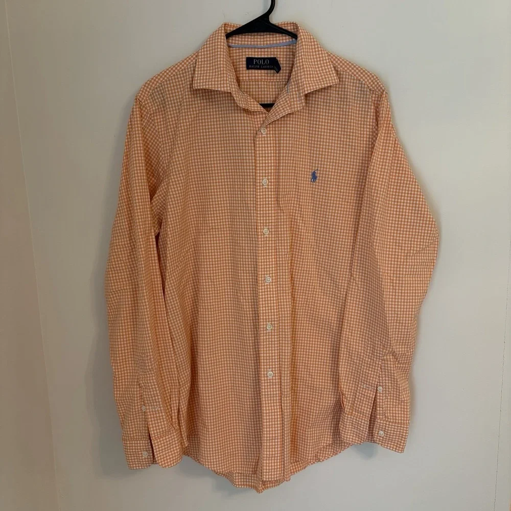 Polo Ralph Lauren Button Down Shirt Orange White Gingham Check Mens Medium‎